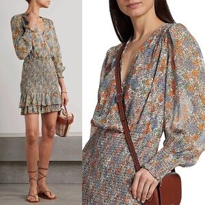 NWT VERONICA BEARD Silk Floral Long Puff Sleeve Smocked Tier Ruffle Hem Dress 2